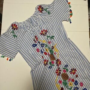 Embroidered Blue and White Midi Dress